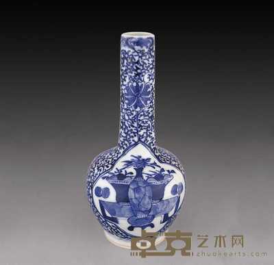 清光绪 青花开光博古长颈瓶 高21cm;腰径10cm